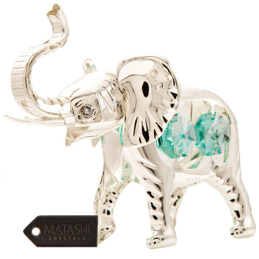 Silver Plated Elephant with Open Mouth Ornament with Mint Green and Clear-Cut Crystals